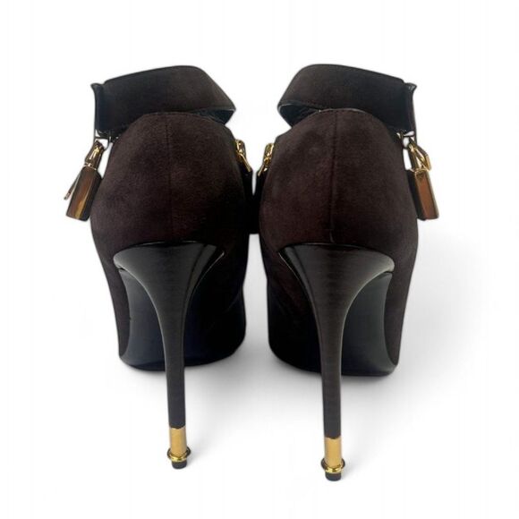 TOM FORD Brown Suede Almond Toe Padlock Ankle Strap Booties Size EU38.5 - Picture 10 of 14